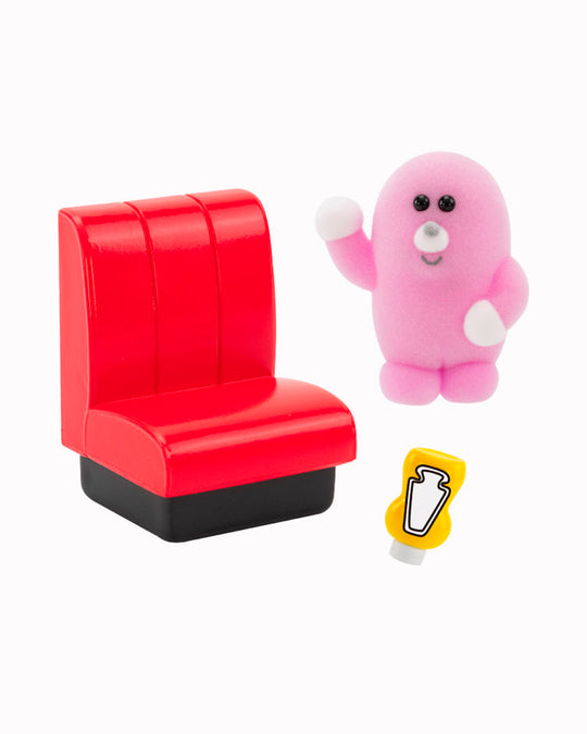 Six fuzzy Pokkoshi characters are hanging out at the diner, accompanied by miniature food, furniture and accessories including burgers, shakes, diner seating and more