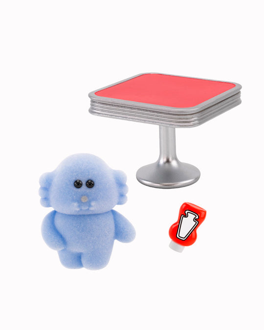 Six fuzzy Pokkoshi characters are hanging out at the diner, accompanied by miniature food, furniture and accessories including burgers, shakes, diner seating and more