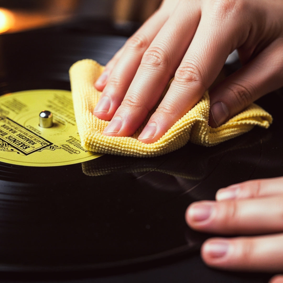 Person cleaning vinyl record with Acc-Sees Vinyl Cleaning Kit