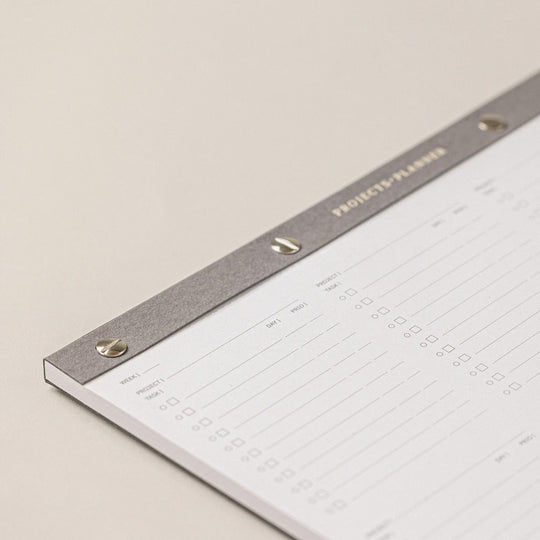The deskpad project planner is a page per week A4 deskpad with space for managing multiple projects at the same time with task lists for each.