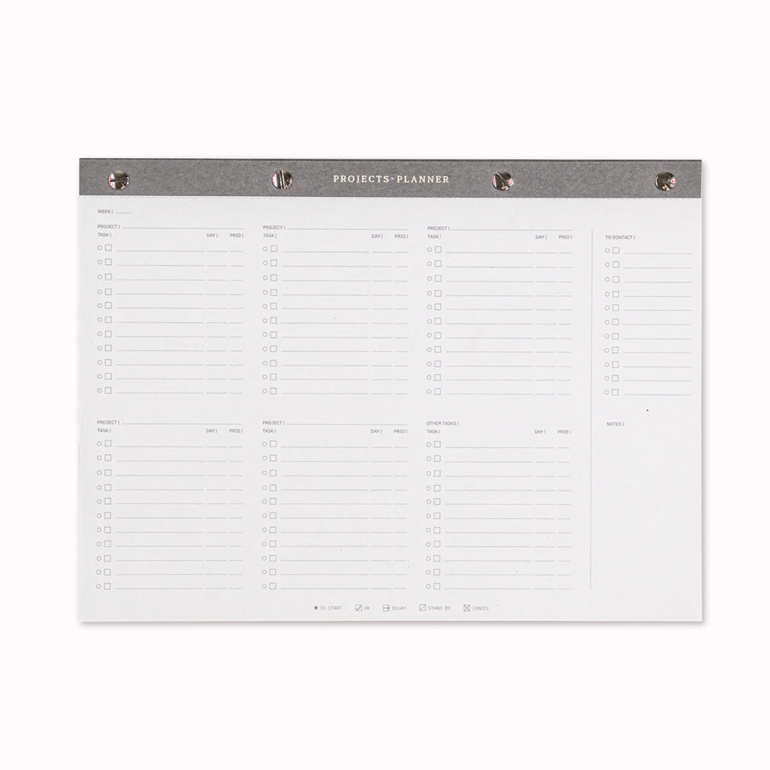 The deskpad project planner is a page per week A4 deskpad with space for managing multiple projects at the same time with task lists for each.

