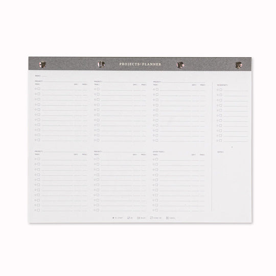 The deskpad project planner is a page per week A4 deskpad with space for managing multiple projects at the same time with task lists for each.
