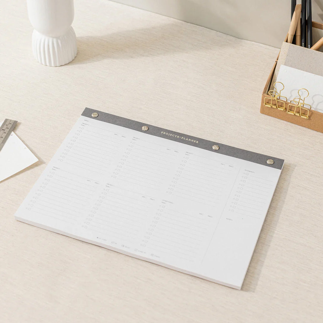 The deskpad project planner is a page per week A4 deskpad with space for managing multiple projects at the same time with task lists for each.