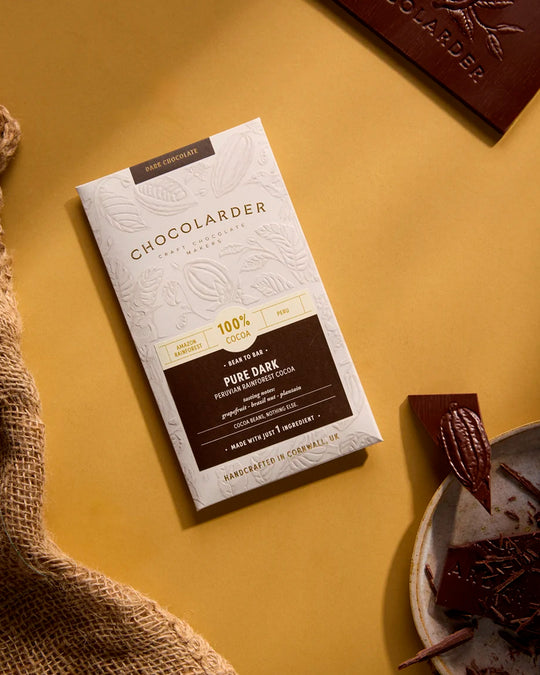 A 100% dark chocolate bar from Chocolarder, made without sugar or additives. Just cocoa beans, carefully worked to express the character of the cacao itself.