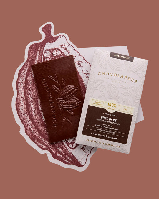 A 100% dark chocolate bar from Chocolarder, made without sugar or additives. Just cocoa beans, carefully worked to express the character of the cacao itself.