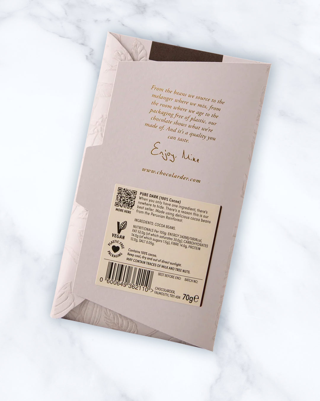 A 100% dark chocolate bar from Chocolarder, made without sugar or additives. Just cocoa beans, carefully worked to express the character of the cacao itself.