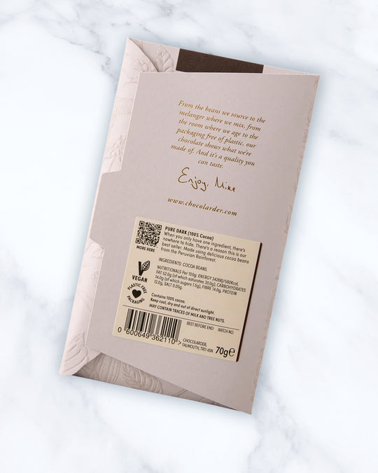 A 100% dark chocolate bar from Chocolarder, made without sugar or additives. Just cocoa beans, carefully worked to express the character of the cacao itself.