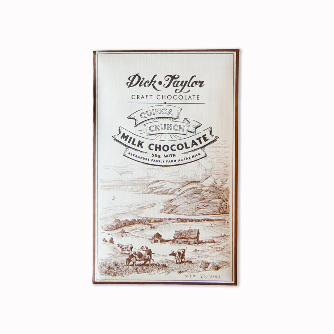 Bean-to-bar milk chocolate with toasted quinoa for a light, crisp texture and balanced cocoa sweetness.