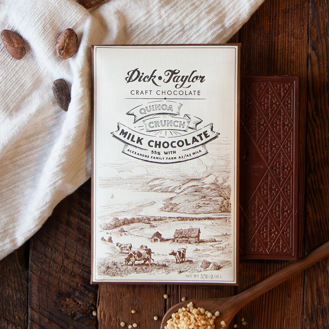 Bean-to-bar milk chocolate with toasted quinoa for a light, crisp texture and balanced cocoa sweetness.