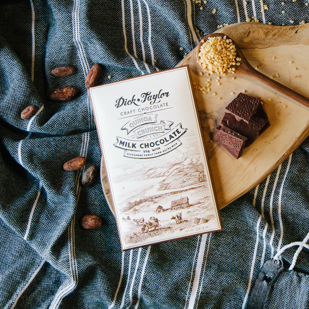 Bean-to-bar milk chocolate with toasted quinoa for a light, crisp texture and balanced cocoa sweetness.