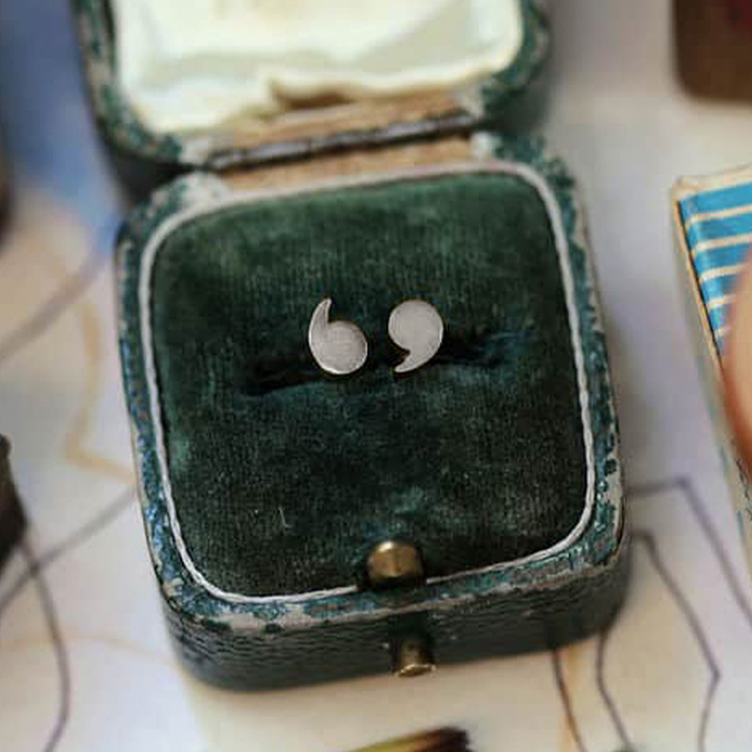 Silver Quotation Mark Stud Earrings, Created as part of Alex Monroe's 'Just My Type' Collection. Lifestyle image in box