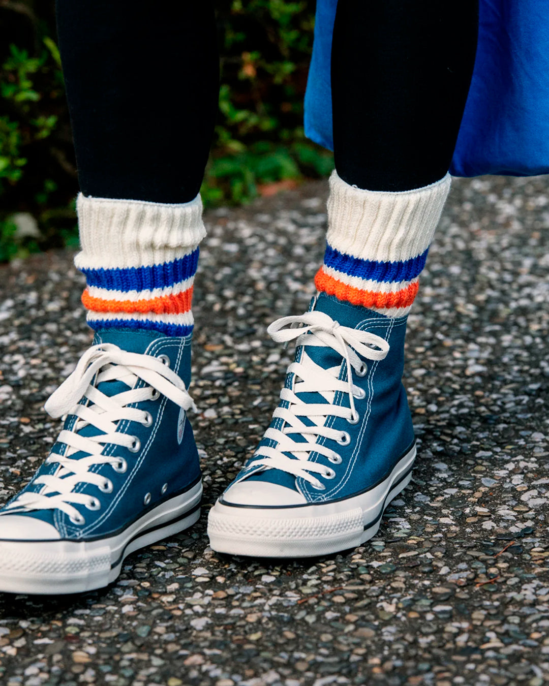 Ribbed socks based on the 1970s Tube Sock.
Extremely comfortable with a long pile cushioned sole. Wear with trainers (what else?) in cooler weather.