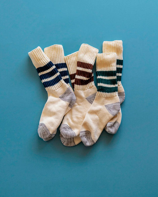 Ribbed socks based on the 1970s Tube Sock.
Extremely comfortable with a long pile cushioned sole. Wear with trainers (what else?) in cooler weather.
