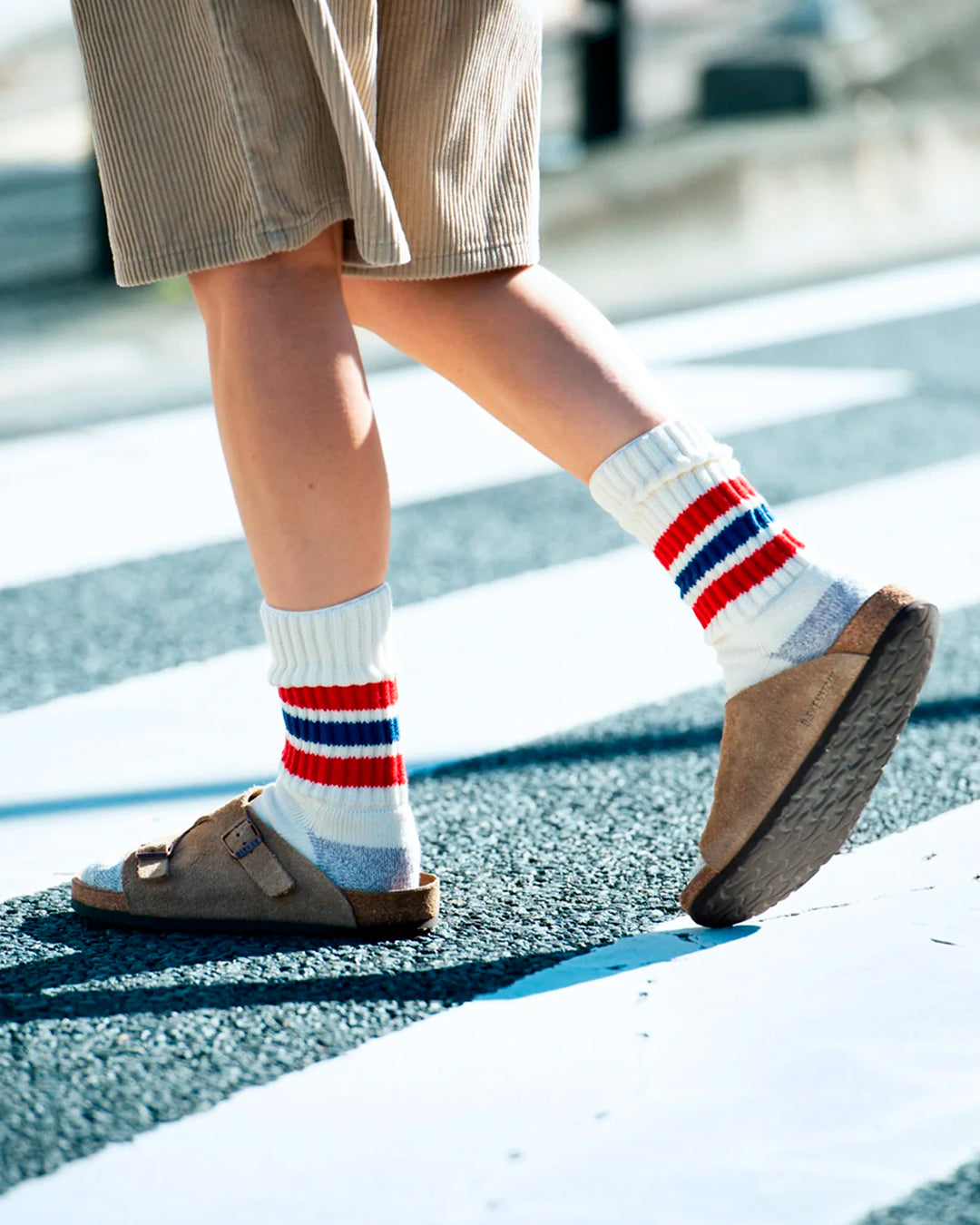 Ribbed socks based on the 1970s Tube Sock.
Extremely comfortable with a long pile cushioned sole. Wear with trainers (what else?) in cooler weather.