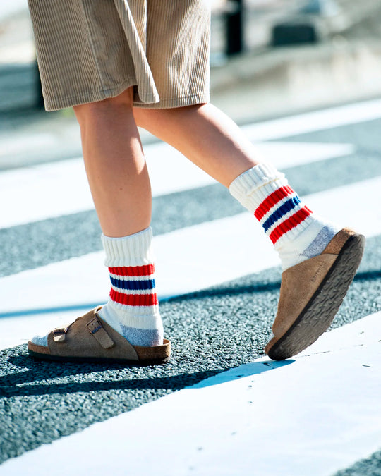 Ribbed socks based on the 1970s Tube Sock.
Extremely comfortable with a long pile cushioned sole. Wear with trainers (what else?) in cooler weather.