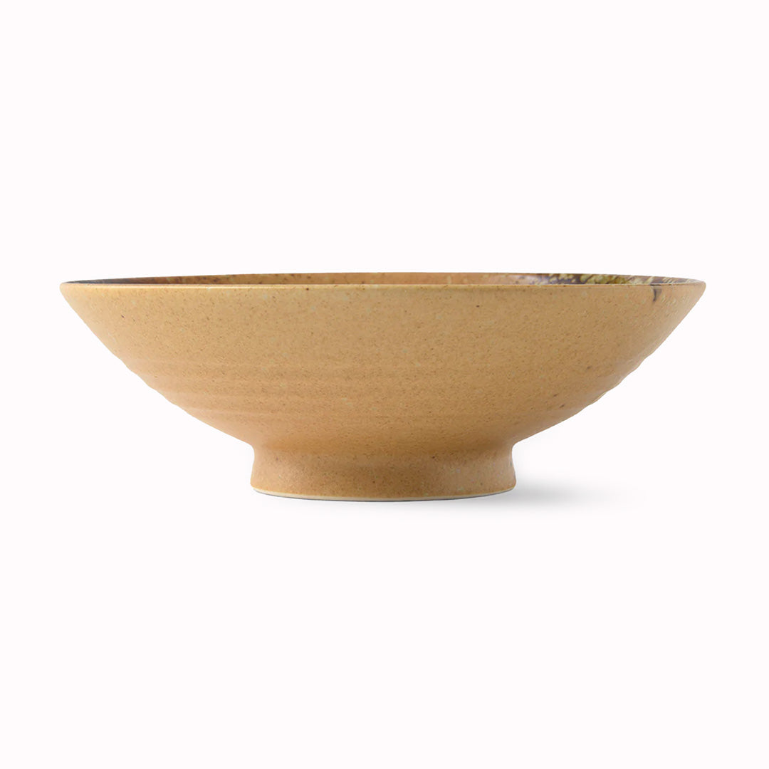 A hand finished Japanese ramen bowl finished in a country-style glaze with embossed line-work - Perfect for noodles, the bowl is around 8cm high and 25cm in diameter.