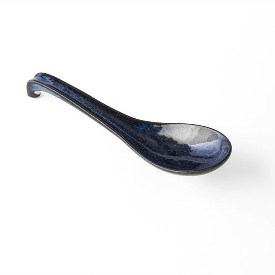 A large soup spoon perfect for Ramen!&nbsp;17.5cm long in an indigo blue glaze, made of 'Minoyaki' porcelain, fired at a high temperature and hand finished in Gifu prefecture, Japan.