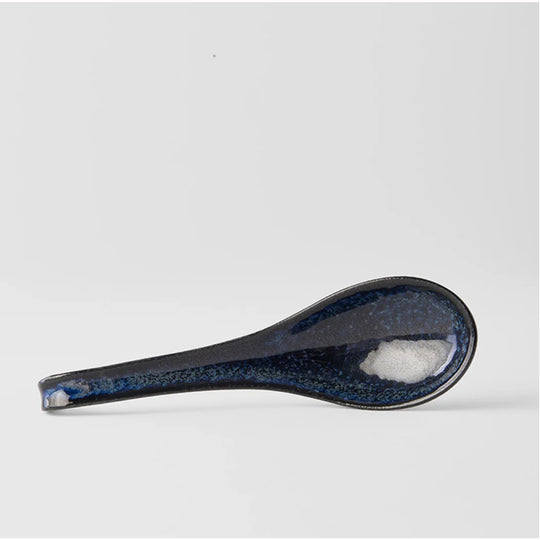 A large soup spoon perfect for Ramen!&nbsp;17.5cm long in an indigo blue glaze, made of 'Minoyaki' porcelain, fired at a high temperature and hand finished in Gifu prefecture, Japan.