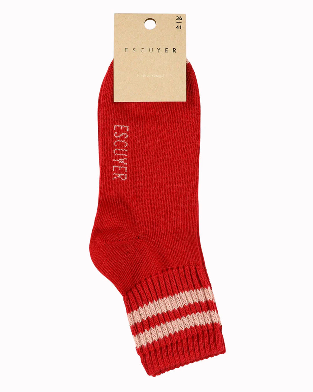 Ankle-length crew sock in red base colour with pink stripes. A short and cute retro / vintage inspired style for the warmer months of the year.&nbsp;
