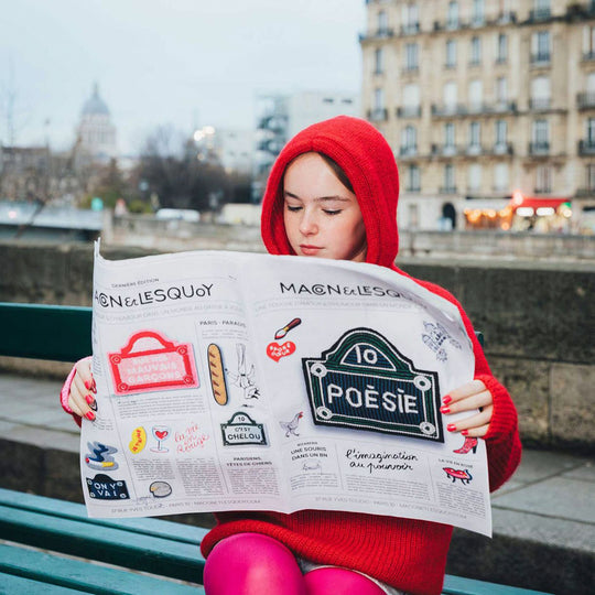 Hand-embroidered 'Red Wine Love' design lapel pin by Parisian fashion accessory brand Macon et Lesquoy. Measures approximately 33mm by 20mm.