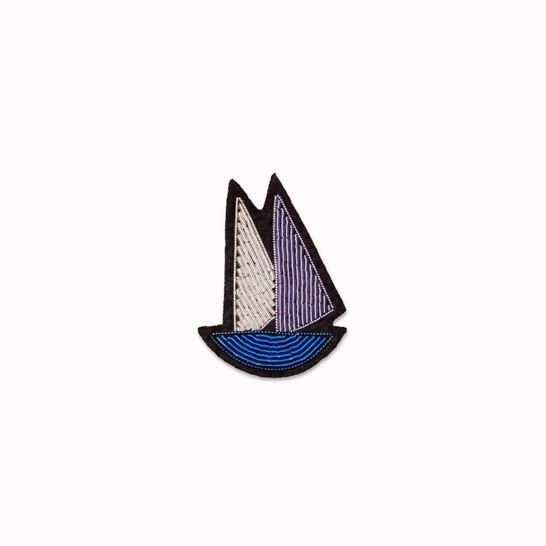 Hand embroidered Sail Boat decorative lapel pin by Paris based Macon et Lesquoy - personalise your favourite garments to define your individual style.