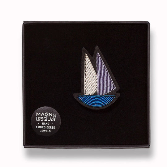 Presentation Box. Hand embroidered Sail Boat decorative lapel pin by Paris based Macon et Lesquoy - personalise your favourite garments to define your individual style. 