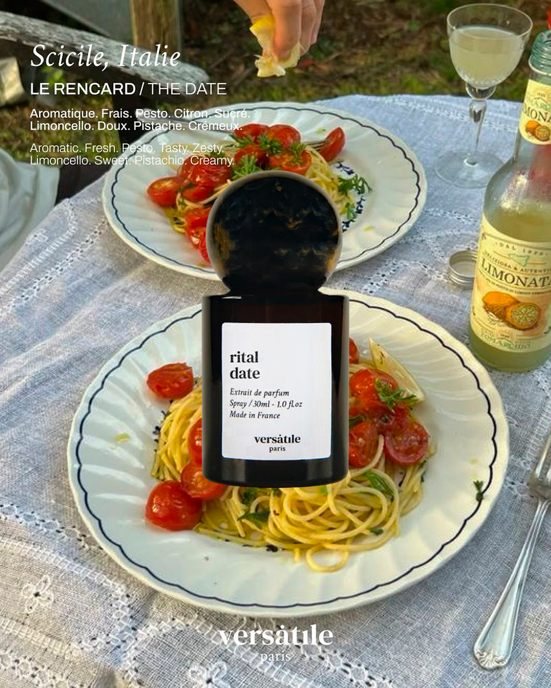 Ritual Date translates as 'the date' and presumably this date takes place in an Italian restaurant! This fragrance is a neo citron, a duality between aromatic freshness and a sparkling but delicious citrus