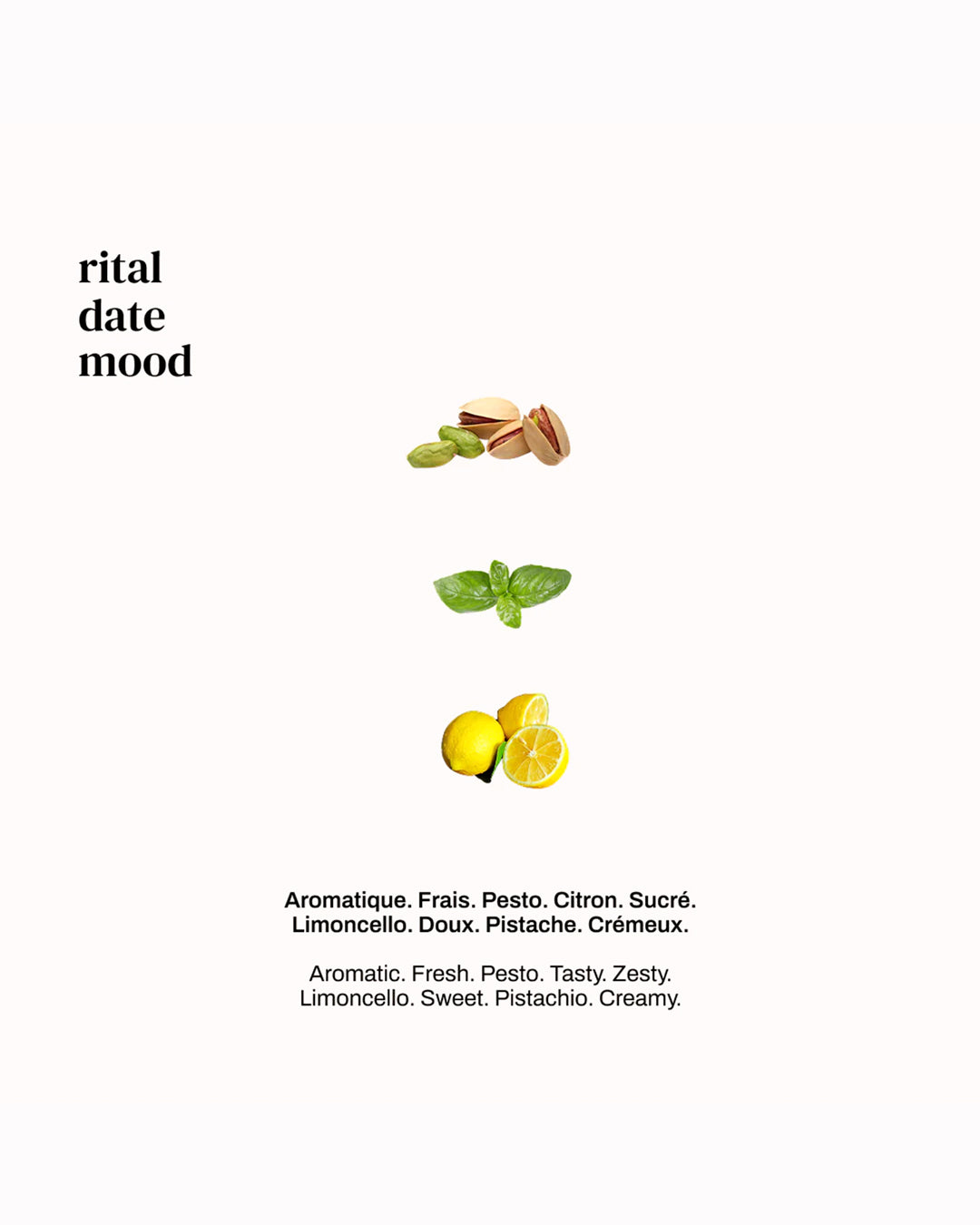 Ritual Date translates as 'the date' and presumably this date takes place in an Italian restaurant! This fragrance is a neo citron, a duality between aromatic freshness and a sparkling but delicious citrus