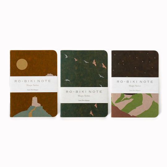 The Ro-biki Shape Series is a compact collection of illustrated cover notebooks with 5mm dot grid paper layout.