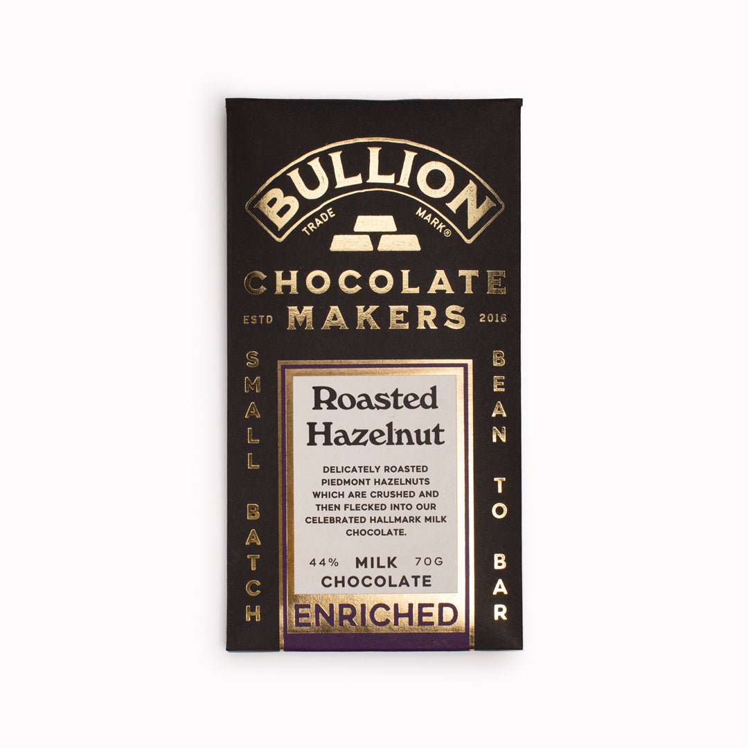 Delicately roasted piedmont hazelnuts are crushed and then flecked into this celebrated Hallmark Milk Chocolate chocolate from Bullion.