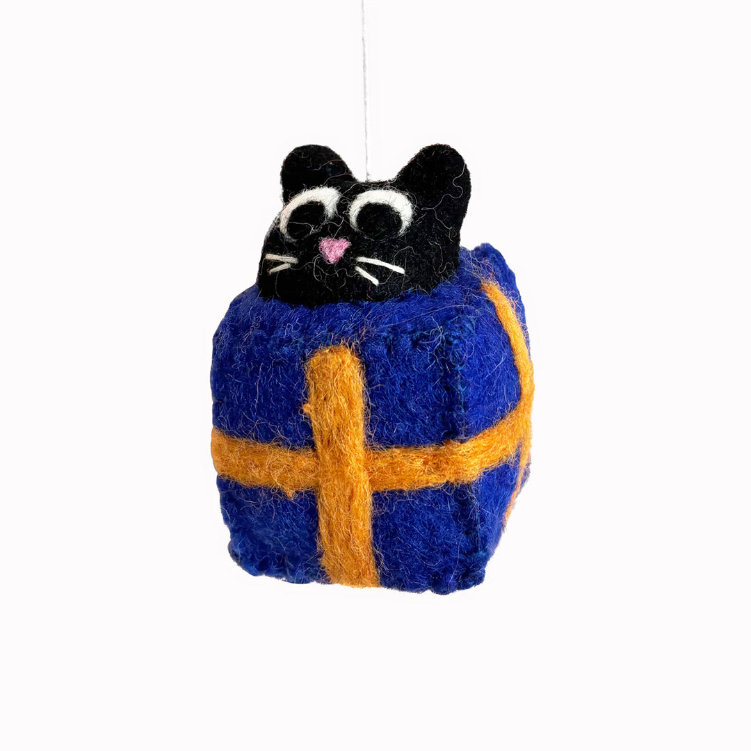 Roland, Cute cat peeking out of a box. A playful felted Christmas tree decoration designed by Cari Vander Yacht.