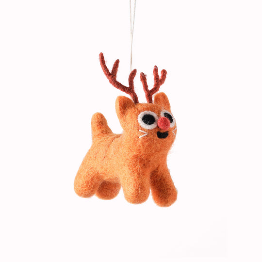 Rudy the reindeer cat loves to dress up at Christmas! A cute and playful felted Christmas tree decoration designed by Elliot Kruszynski.