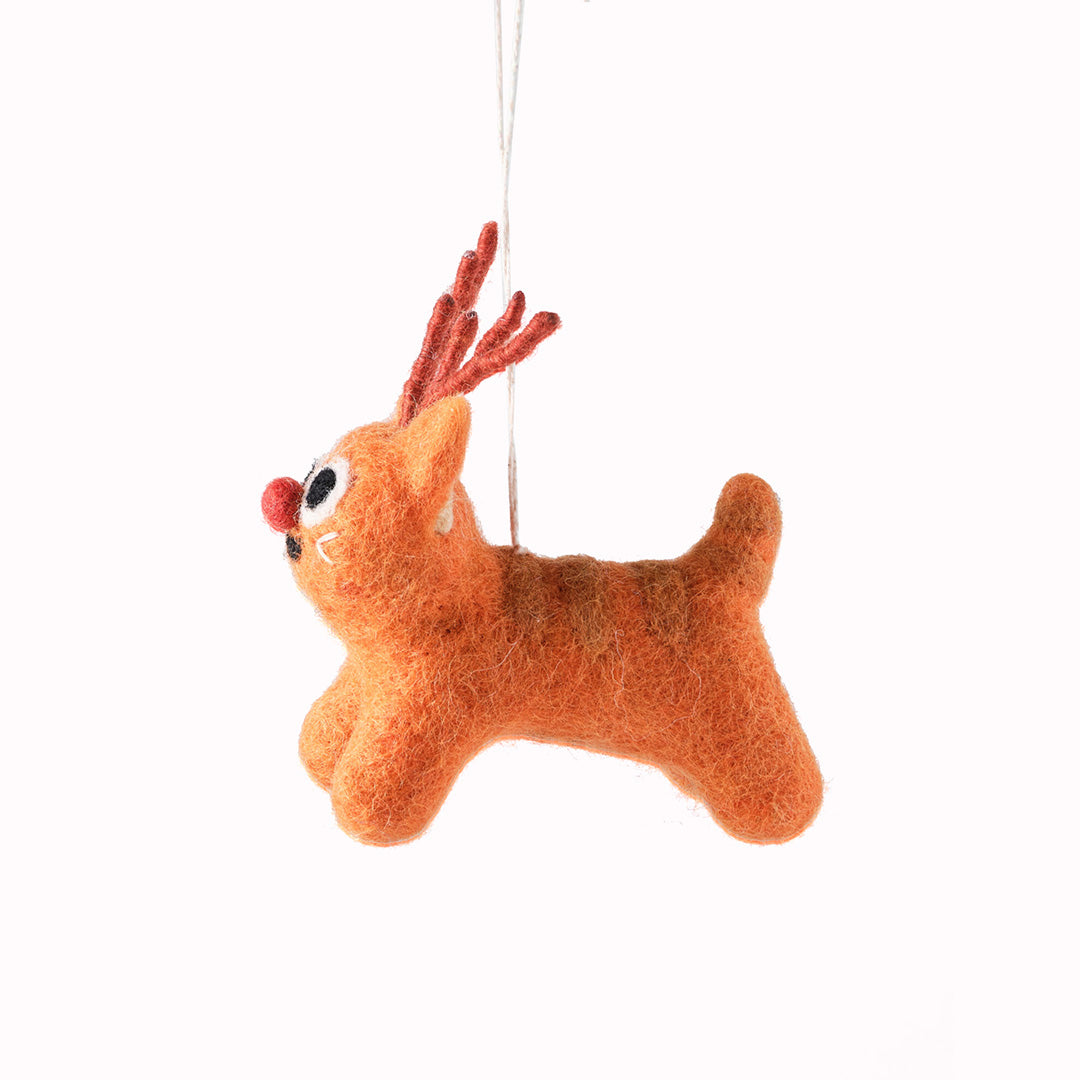 Rudy the reindeer cat loves to dress up at Christmas! A cute and playful felted Christmas tree decoration designed by Elliot Kruszynski.