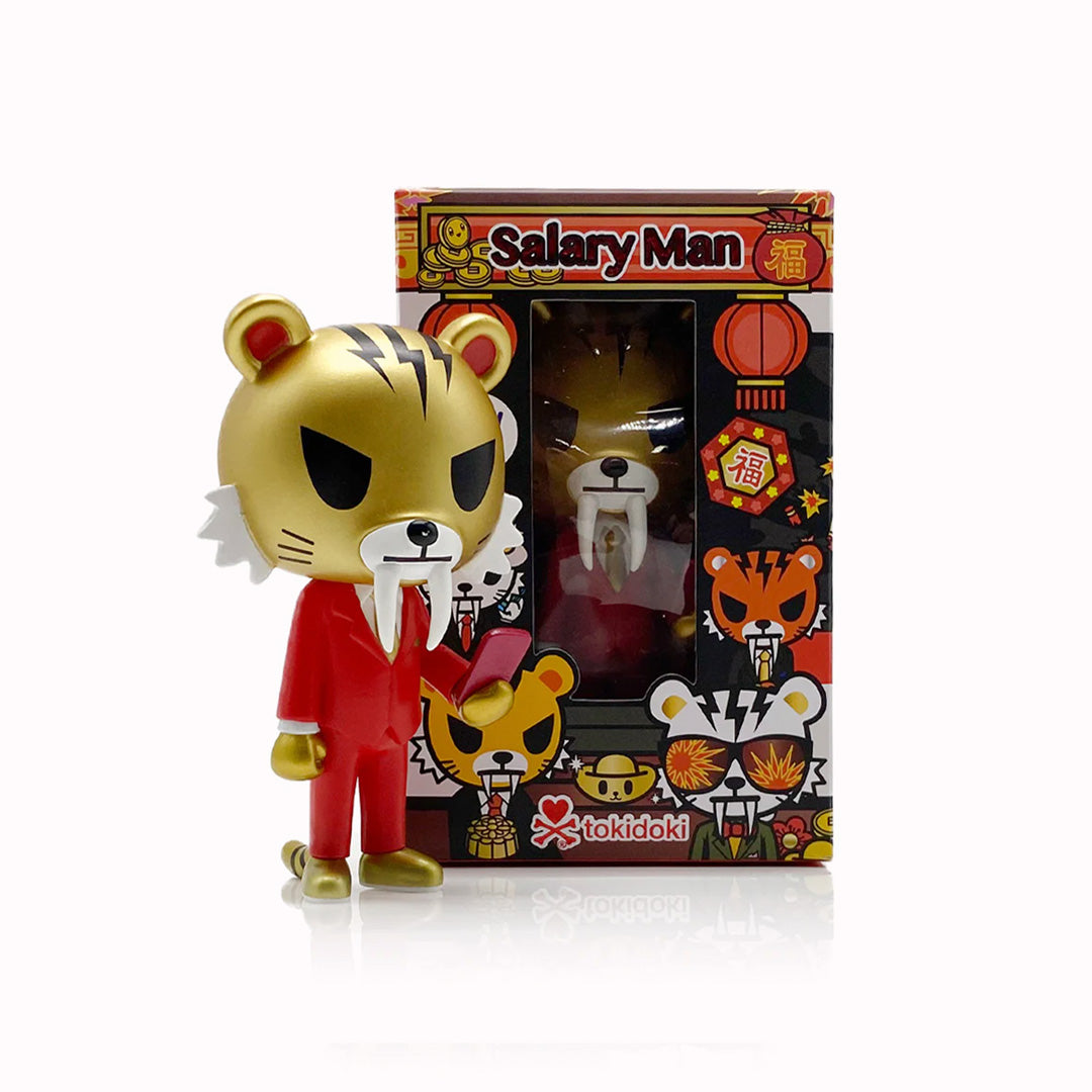 Salaryman Tiger is adorned in a crisp red suit, a nod to the traditional colour associated with good fortune and prosperity in Chinese culture - pictured with box