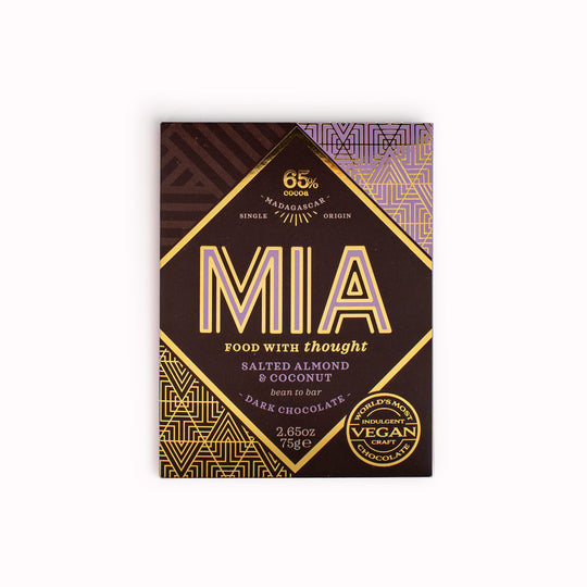 Flakes of salted almond and crunchy coconut have been sprinkled liberally over 65% dark chocolate to create a sumptuously sweet and savoury contrast in every mouthful. Indulge in the richness of this 65% Dark Chocolate Bar, delicately crafted with premium quality vegan ingredients sourced from Africa.