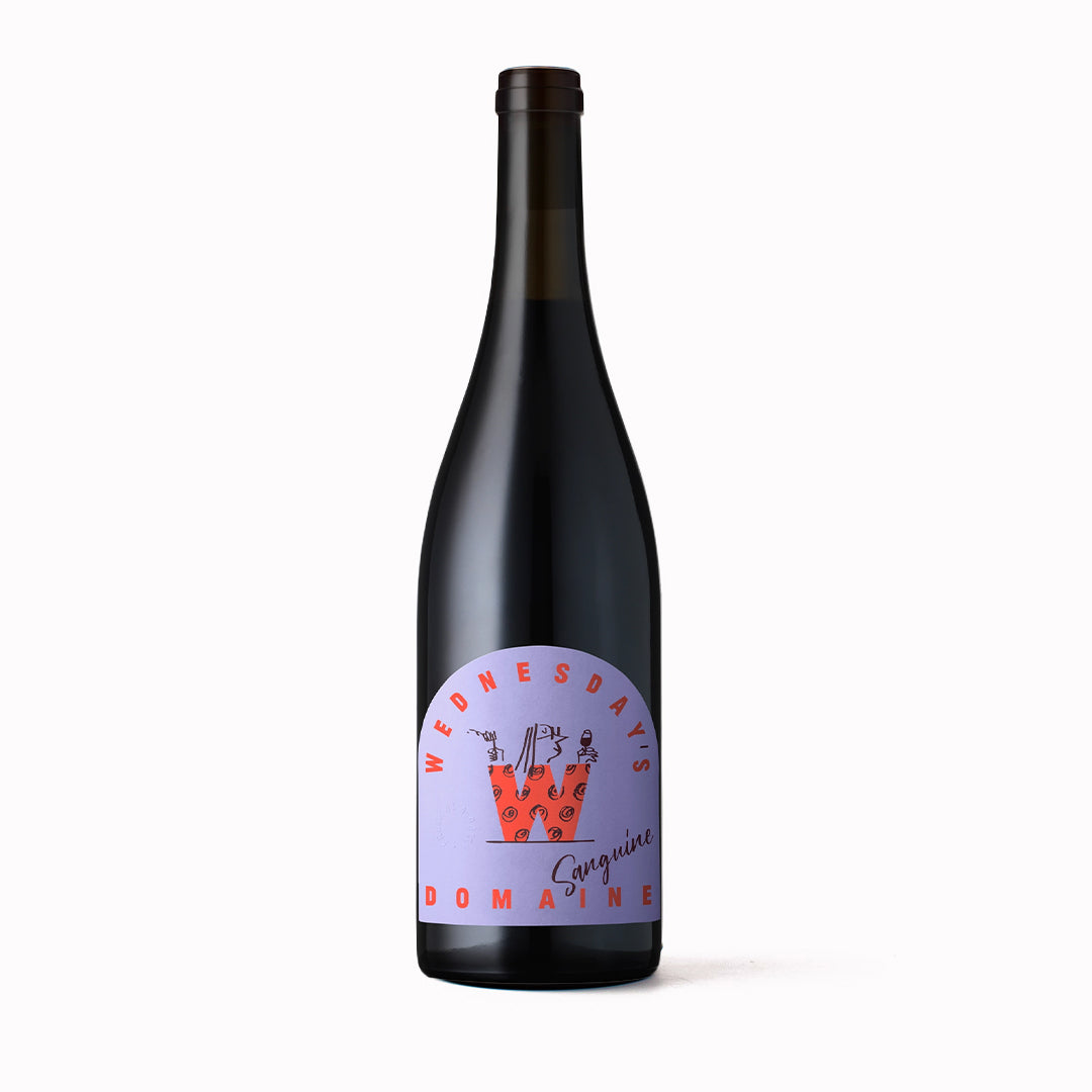 Bottle of alcohol free red wine from Wednesdays Domaine on white background