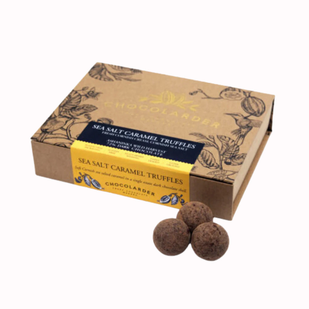 A box of 12 rich and gooey sea salted caramel truffles by award winning craft chocolate maker, Chocolarder.