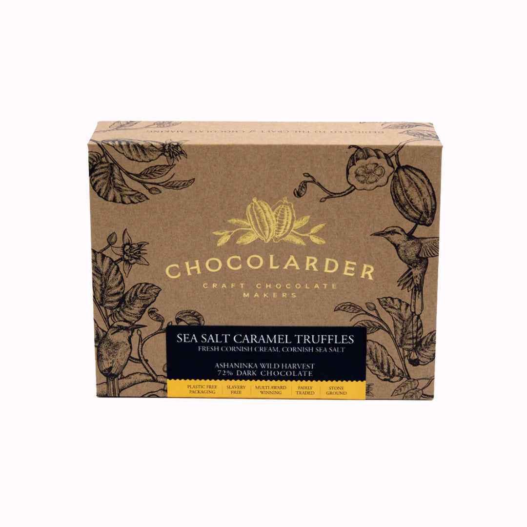 A box of 12 rich and gooey sea salted caramel truffles by award winning craft chocolate maker, Chocolarder.