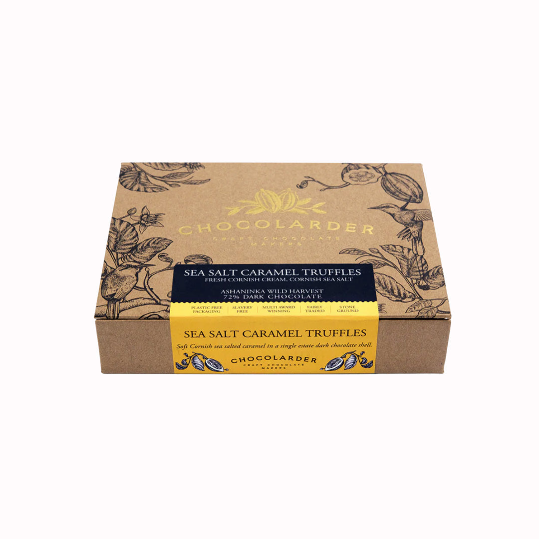 A box of 12 rich and gooey sea salted caramel truffles by award winning craft chocolate maker, Chocolarder.