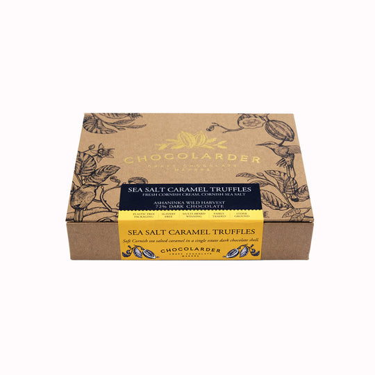 A box of 12 rich and gooey sea salted caramel truffles by award winning craft chocolate maker, Chocolarder.