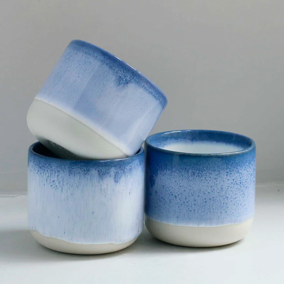The blue speckled Sea Wave Sip Cup - Danish/Japanese mix up with this thick glazed, hand made ceramic small beaker from Studio Arhoj's Tokyo Series.