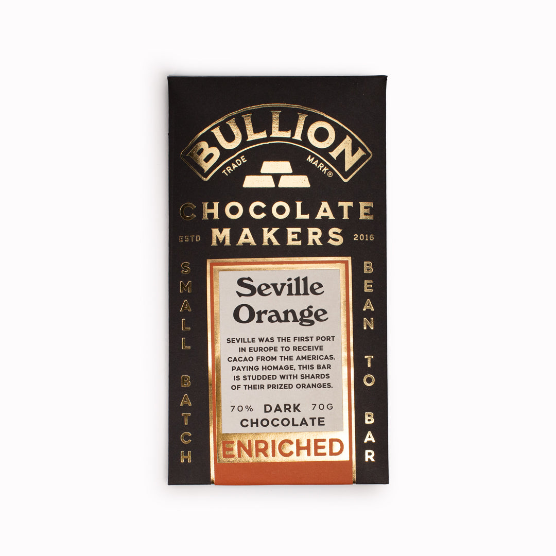 Seville was the first port in Europe to receive cacao from the Americas. Paying homage, this bar from Bullion Chocolate is studded with shards of their prized oranges.