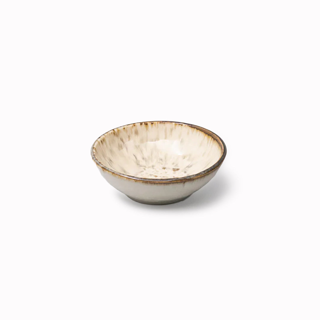 A warm creamy toned shallow bowl perfect for dips and sauces, gently flared with warm toasted rim and a natural speckle