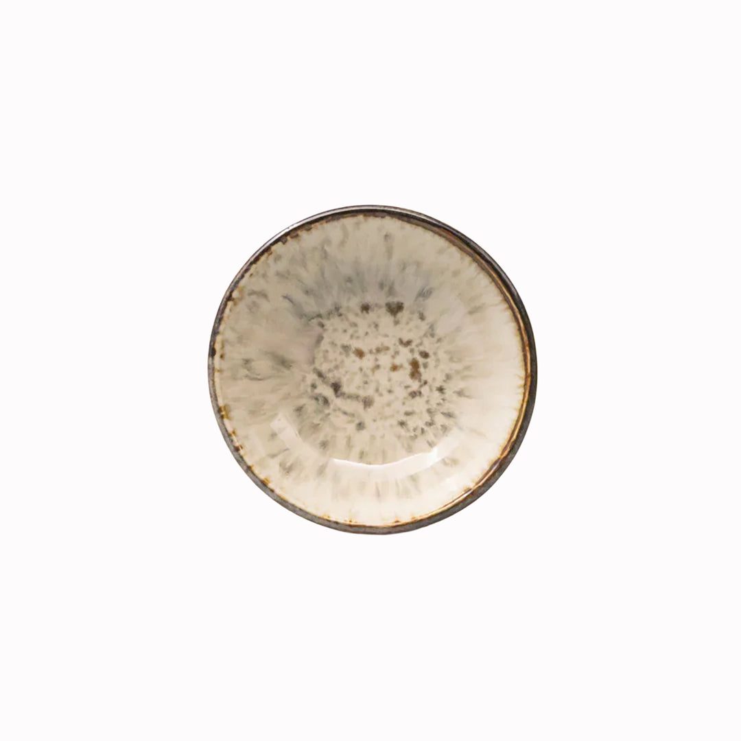 A warm creamy toned shallow bowl perfect for dips and sauces, gently flared with warm toasted rim and a natural speckle