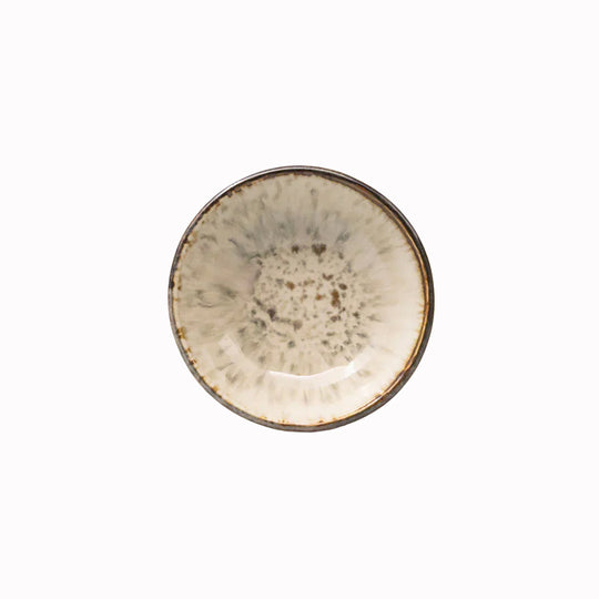 A warm creamy toned shallow bowl perfect for dips and sauces, gently flared with warm toasted rim and a natural speckle