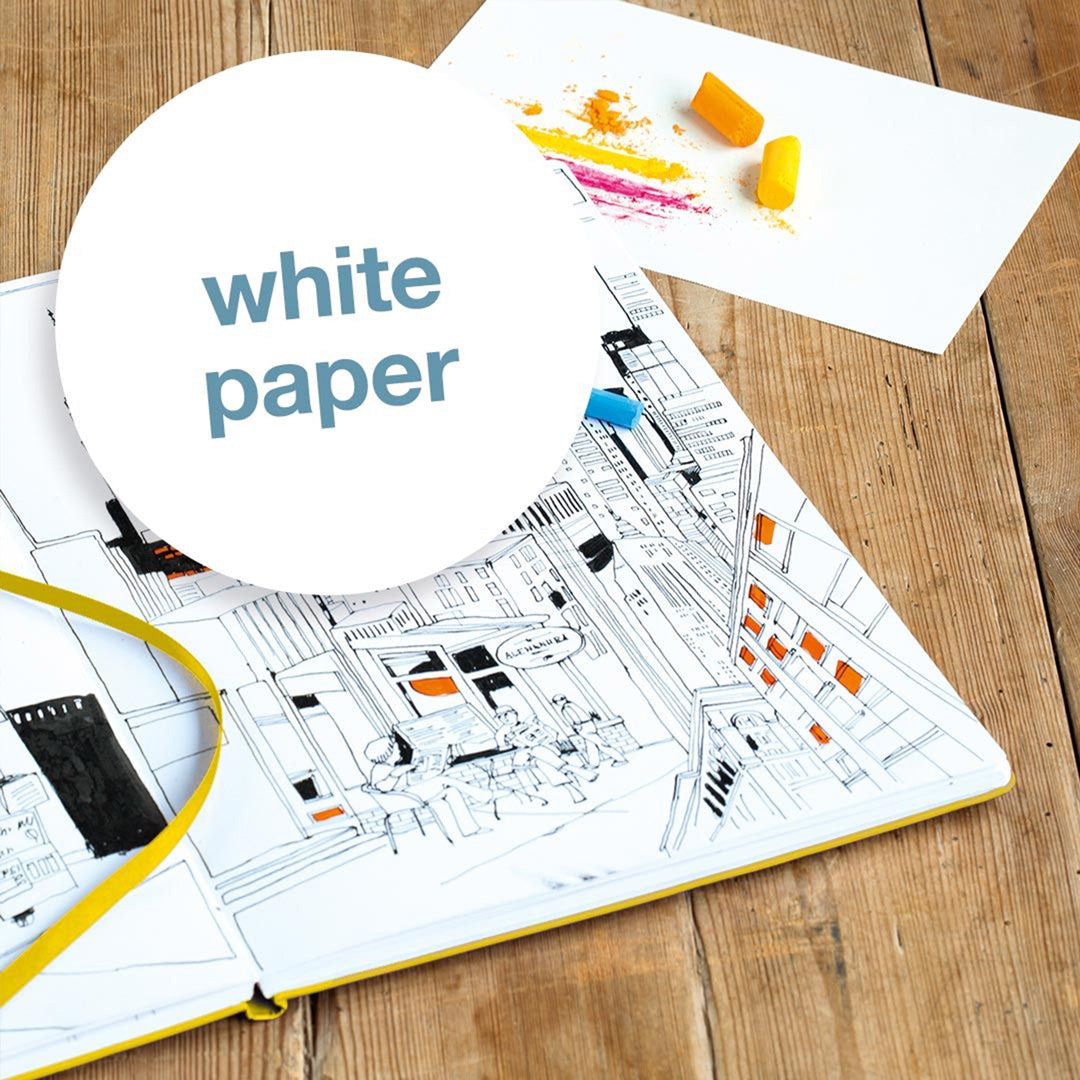 Medium Sketchbook features 112 pages of white acid-free paper for drawing, each with a gusseted pocket and a page marker.