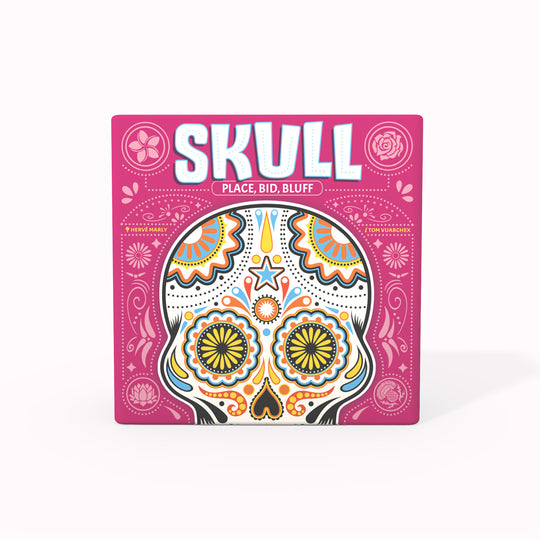 Box Front - Skull is a 'poker-esque' bluffing card game where you have to guess the number of cards you can reveal without revealing a skull.