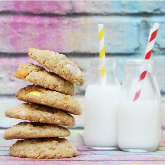 Seriously Smart cookie Mix from Bottled Baking Company - Milk bottles and cookies lifestyle detail