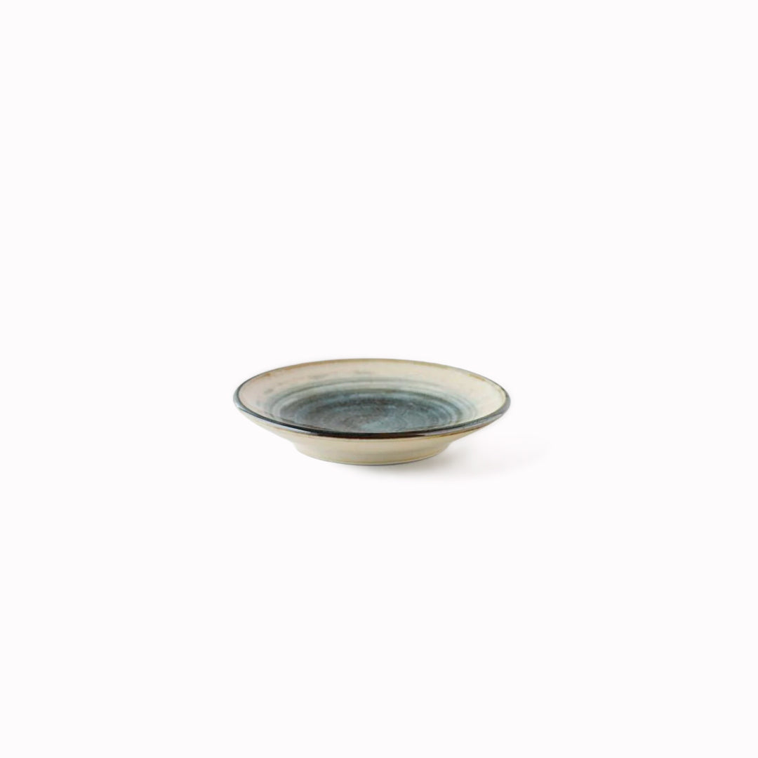 Extra Small Smokey Grey Swirl Plate approximately 9.7cm wide - a good size for dipping sauces and pickles.