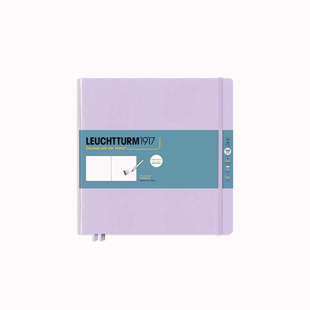 This Lilac Square Sketchbook features 112 pages of white acid-free paper for drawing, each with a gusseted pocket and a page marker. 